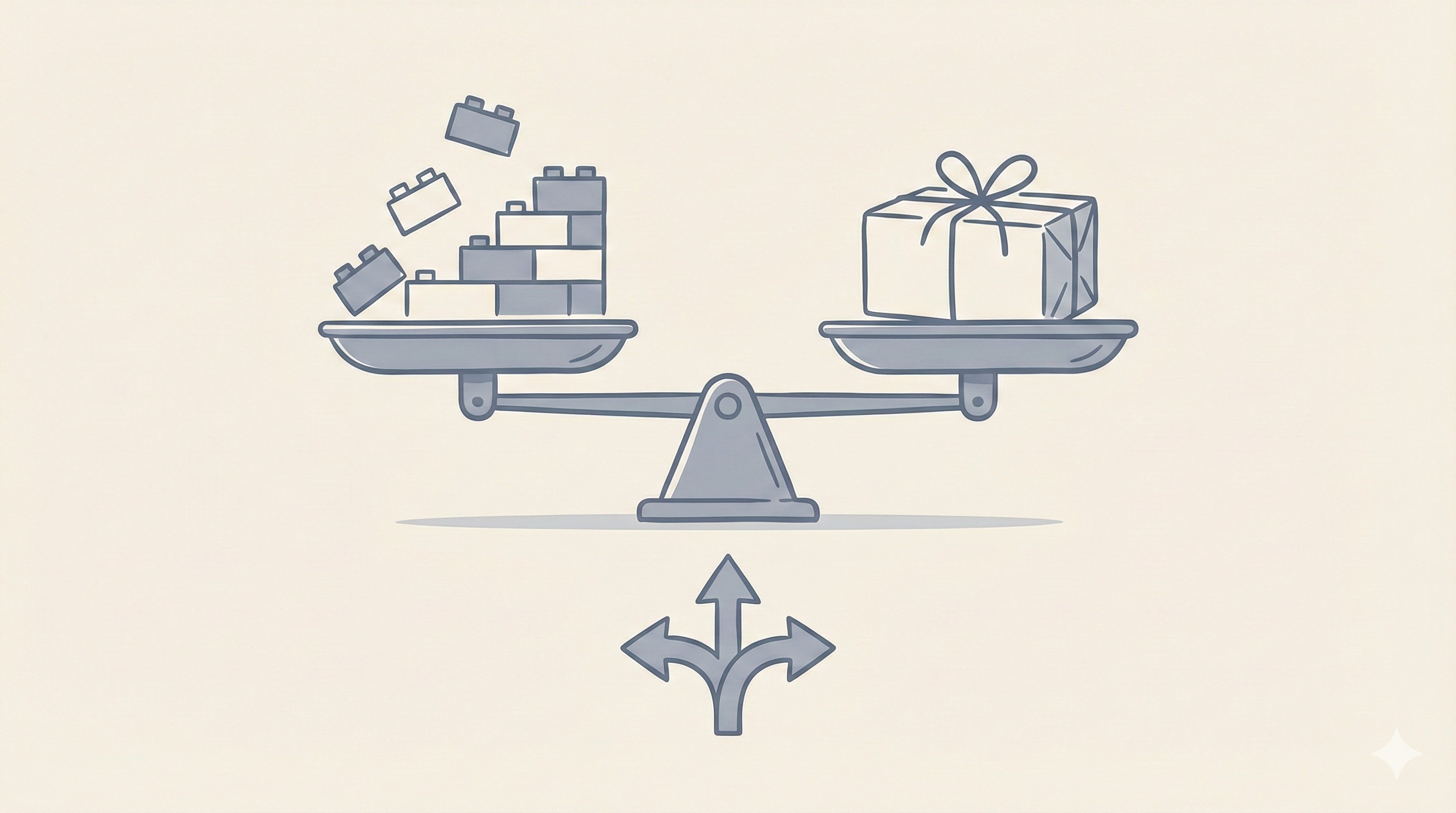 Build vs buy decision illustration comparing custom development (building blocks) against packaged software solutions