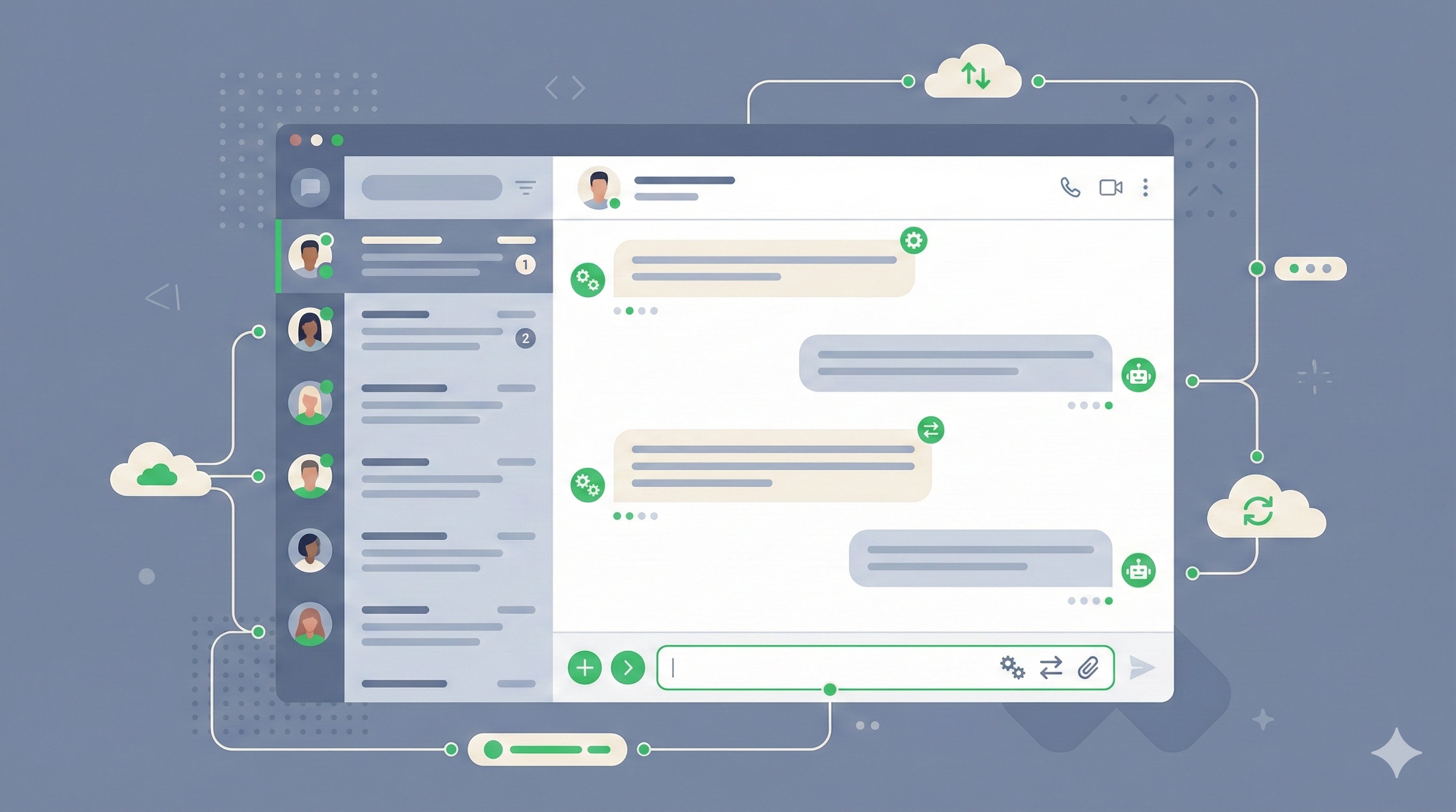 WhatsApp Business API platform interface showing automated messaging system with multiple customer contacts, chatbot workflows, cloud synchronization icons, and enterprise-level integration capabilities