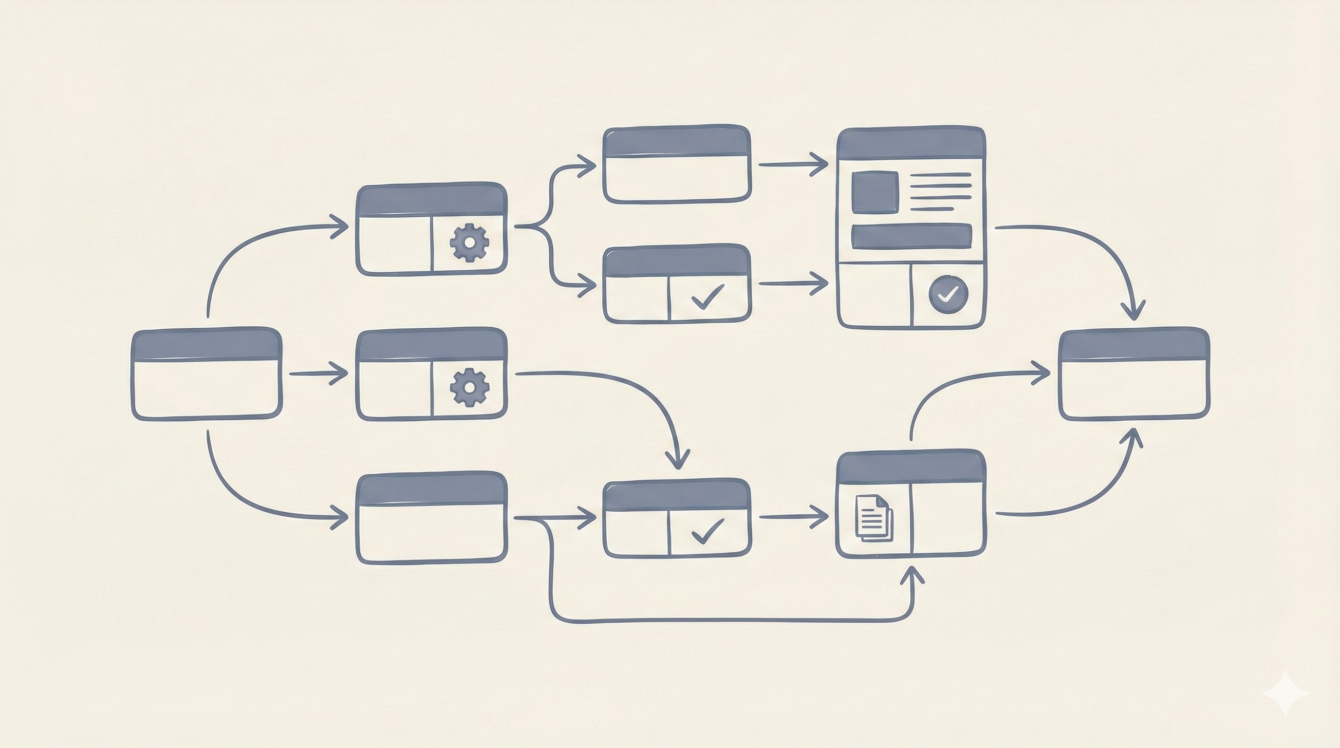 Process mapping flowchart diagram showing interconnected workflow steps with decision points, loops, and multiple paths in blue-grey and cream colors